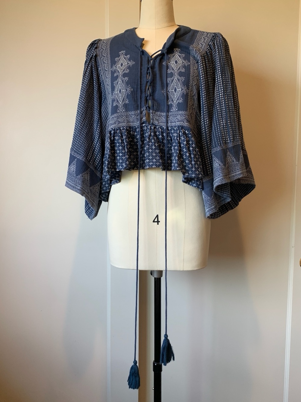 Free People Indigo Embroidered Lace-Up Peasant Blouse